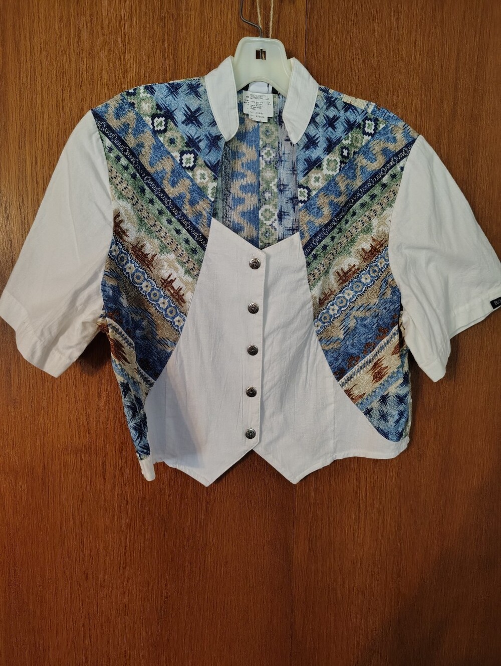 Women's Western White Button-Front Crop Shirt with Blue Patterned Panels Size L